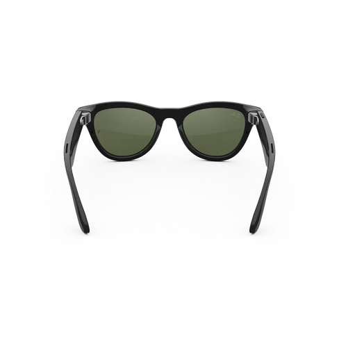 Vue arrière des lunettes Ray-Ban Meta avec monture Noir Brillant et verres solaires verts.