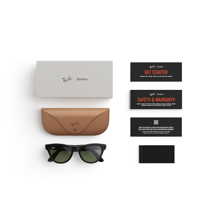 Articles inclus lors de l’achat des lunettes Ray-Ban Meta : étui de chargement Ray-Ban Meta, lunettes IA Ray-Ban Meta et guide de démarrage.