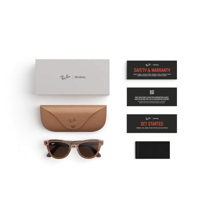 Articles inclus lors de l’achat des lunettes Ray-Ban Meta : étui de chargement Ray-Ban Meta, lunettes IA Ray-Ban Meta et guide de démarrage.