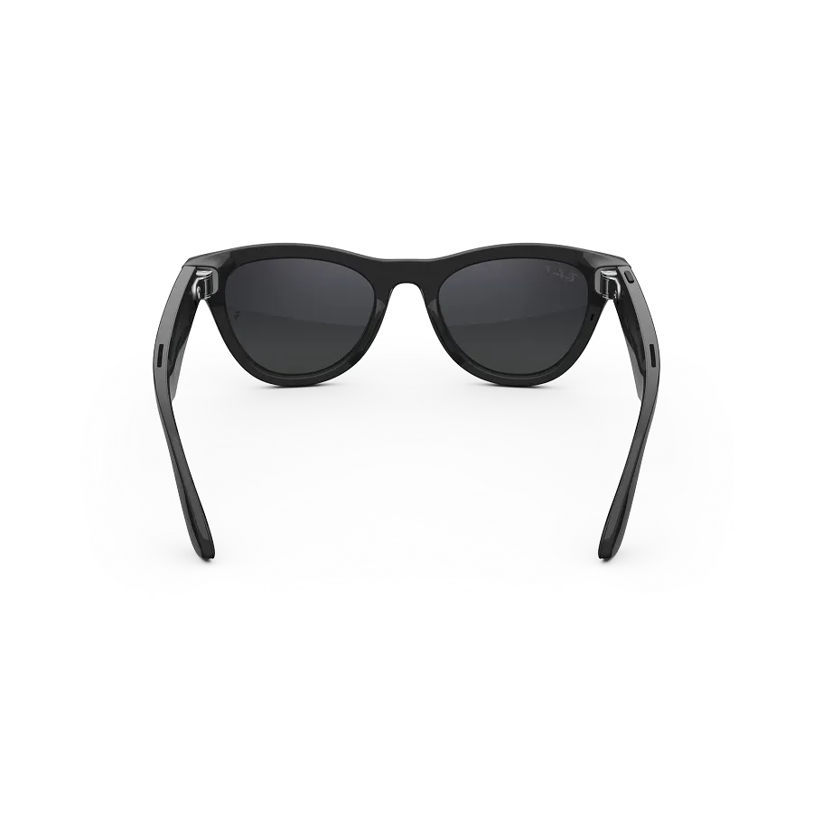Vue arrière des lunettes Ray-Ban Meta avec monture Noir Brillant et verres solaires Dégradé Graphite polarisés.