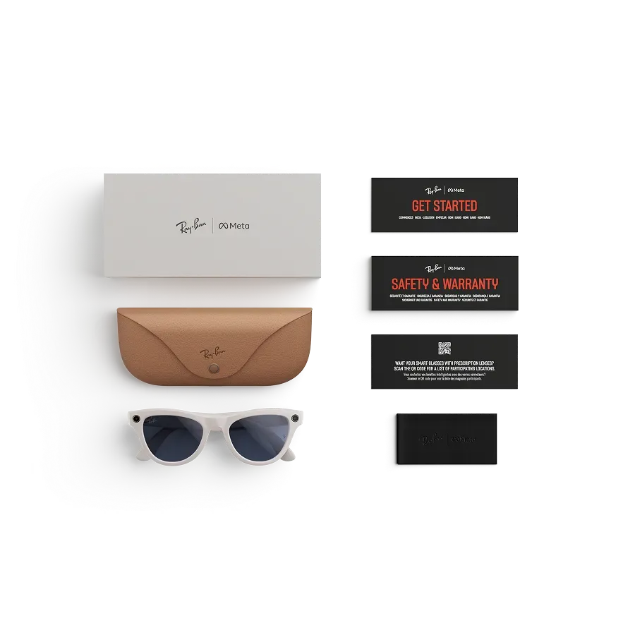 Articles inclus lors de l’achat des lunettes Ray-Ban Meta : étui de chargement Ray-Ban Meta, lunettes IA Ray-Ban Meta et guide de démarrage.