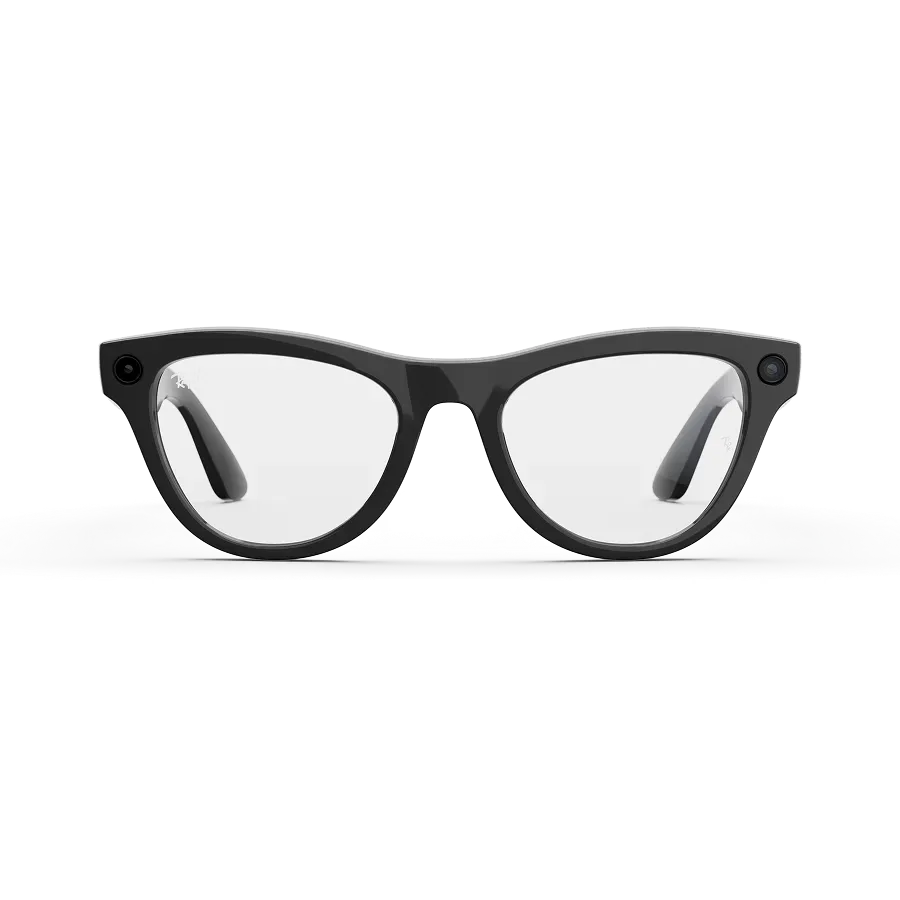 Vue avant des lunettes Ray-Ban Meta avec monture noir brillant et verres transparents.