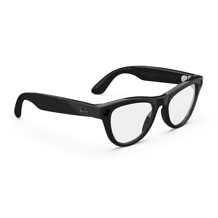 Vue de droite des lunettes Ray-Ban Meta avec monture noir brillant et verres transparents.