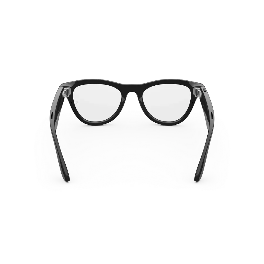 Vue arrière des lunettes Ray-Ban Meta avec monture noir brillant et verres transparents.