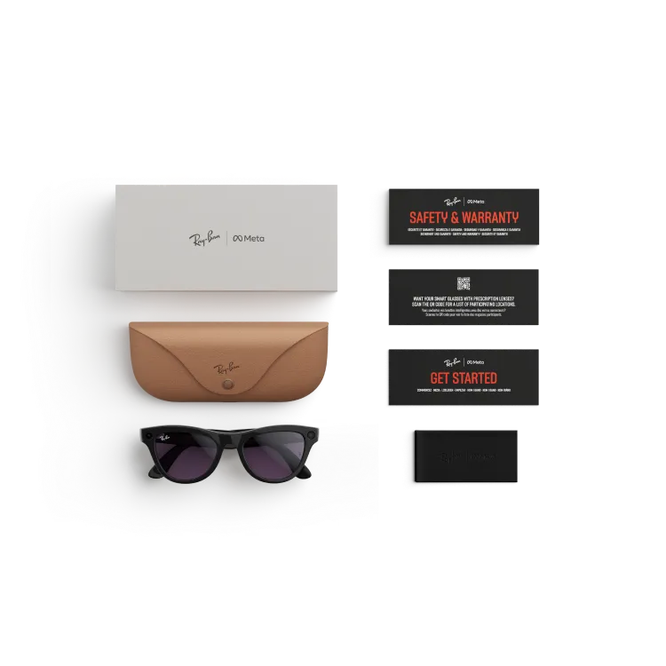 Articles inclus lors de l’achat des lunettes Ray-Ban Meta : étui de chargement Ray-Ban Meta, lunettes IA Ray-Ban Meta et guide de démarrage.