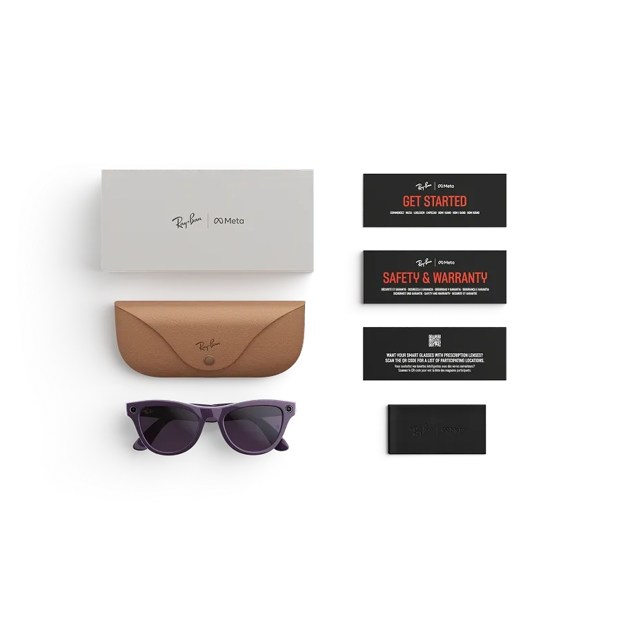 Articles inclus lors de l’achat des lunettes Ray-Ban Meta : étui de chargement Ray-Ban Meta, lunettes IA Ray-Ban Meta et guide de démarrage.